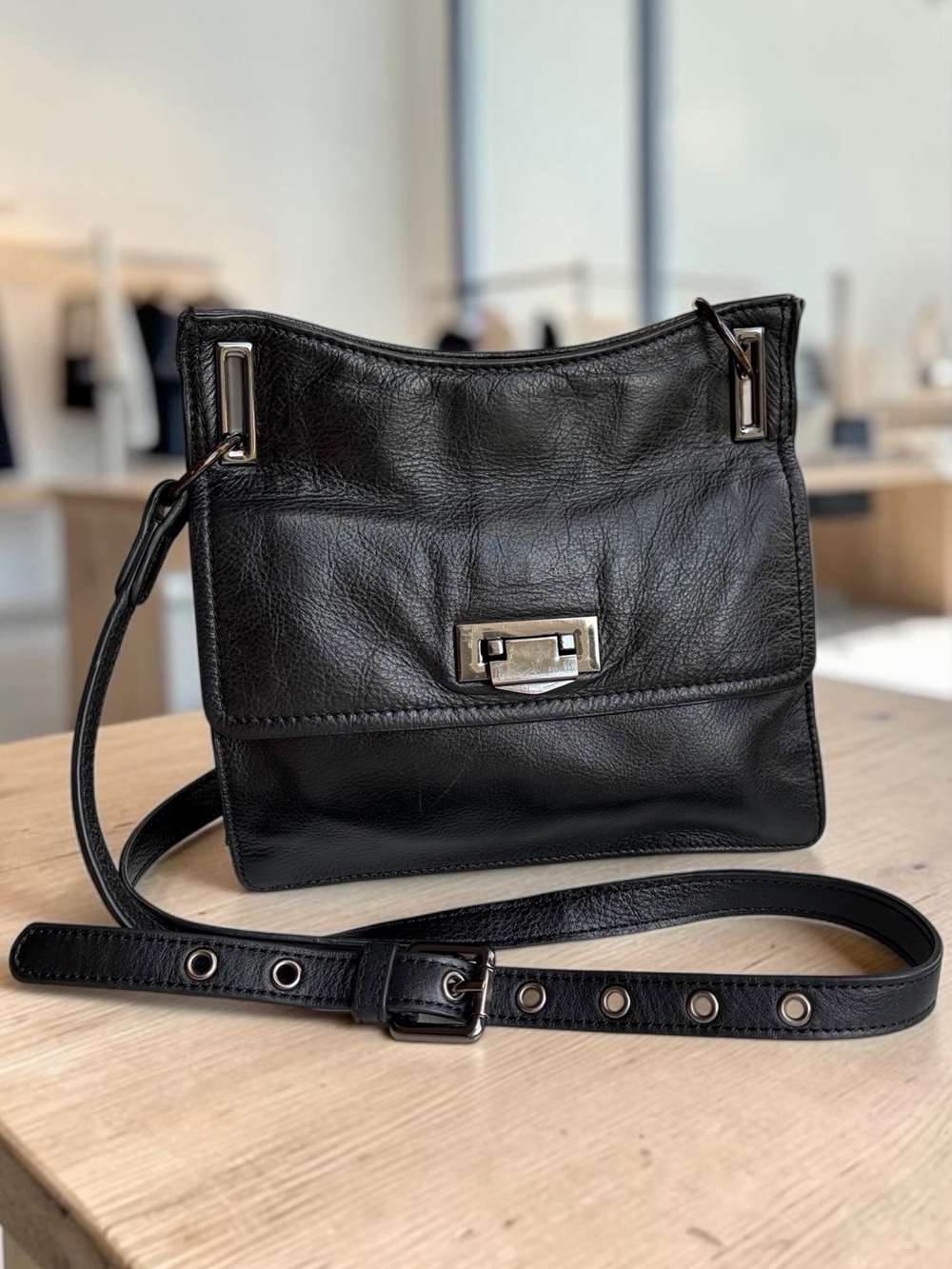 RACHEL Rachel Roy Black Leather Crossbody with Silver-Tone Hardware